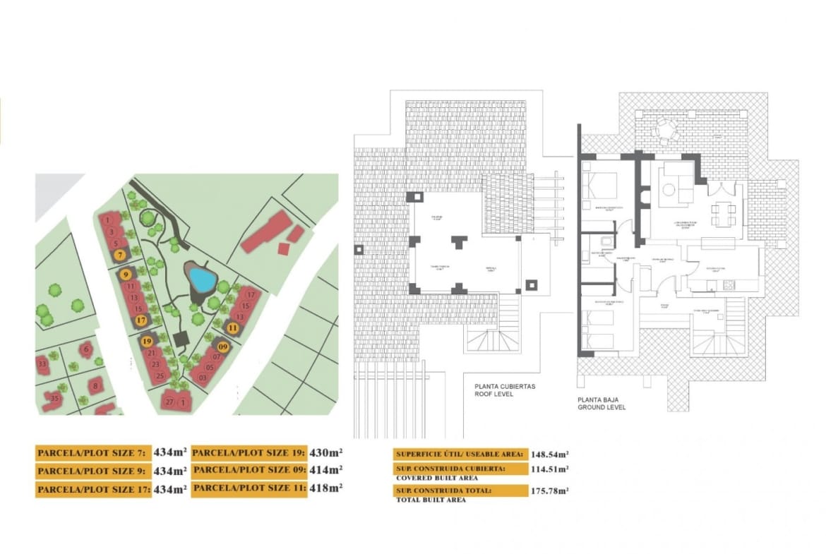 Villa ground-floor and roof-terrace plans with a location diagram in Las Palas, Fuente Álamo, Murcia