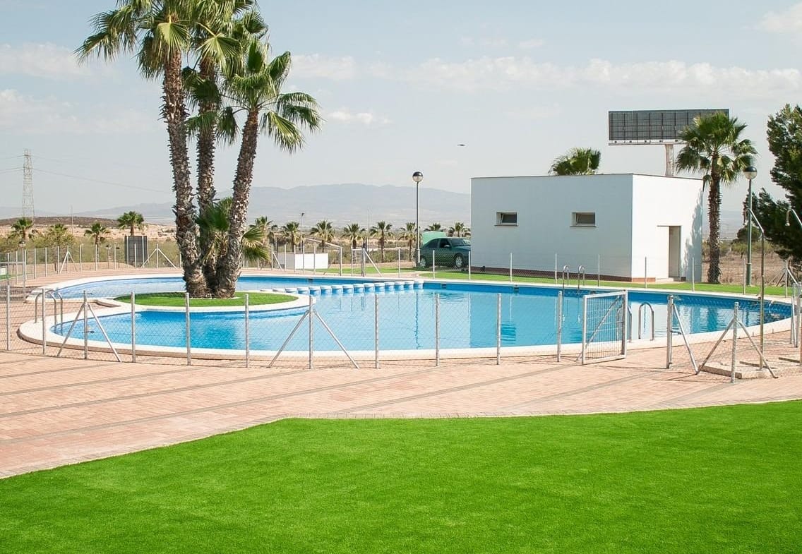 Lawn beside the communal pool and palm trees in Las Palas, Fuente Álamo, Murcia