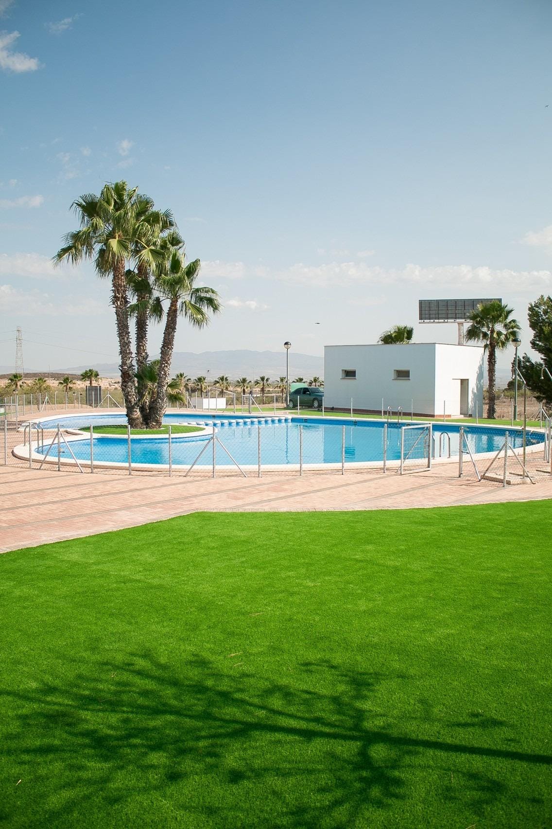 KEY-READY-TOWNHOUSES-IN-FUENTE-ALAMO-MURCIA-5 Lawn beside the communal pool and palm trees in Las Palas, Fuente Álamo, Murcia