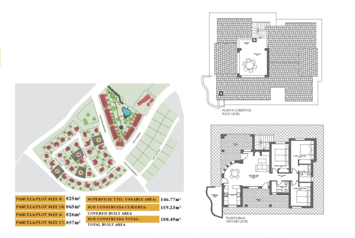 Villa ground-floor and solarium plans with a site locator in Las Palas, Fuente Álamo, Murcia