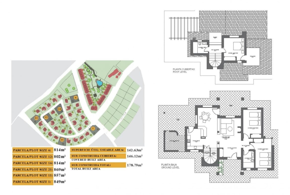 Two-storey villa plans with upper terraces and a site locator in Las Palas, Fuente Álamo, Murcia