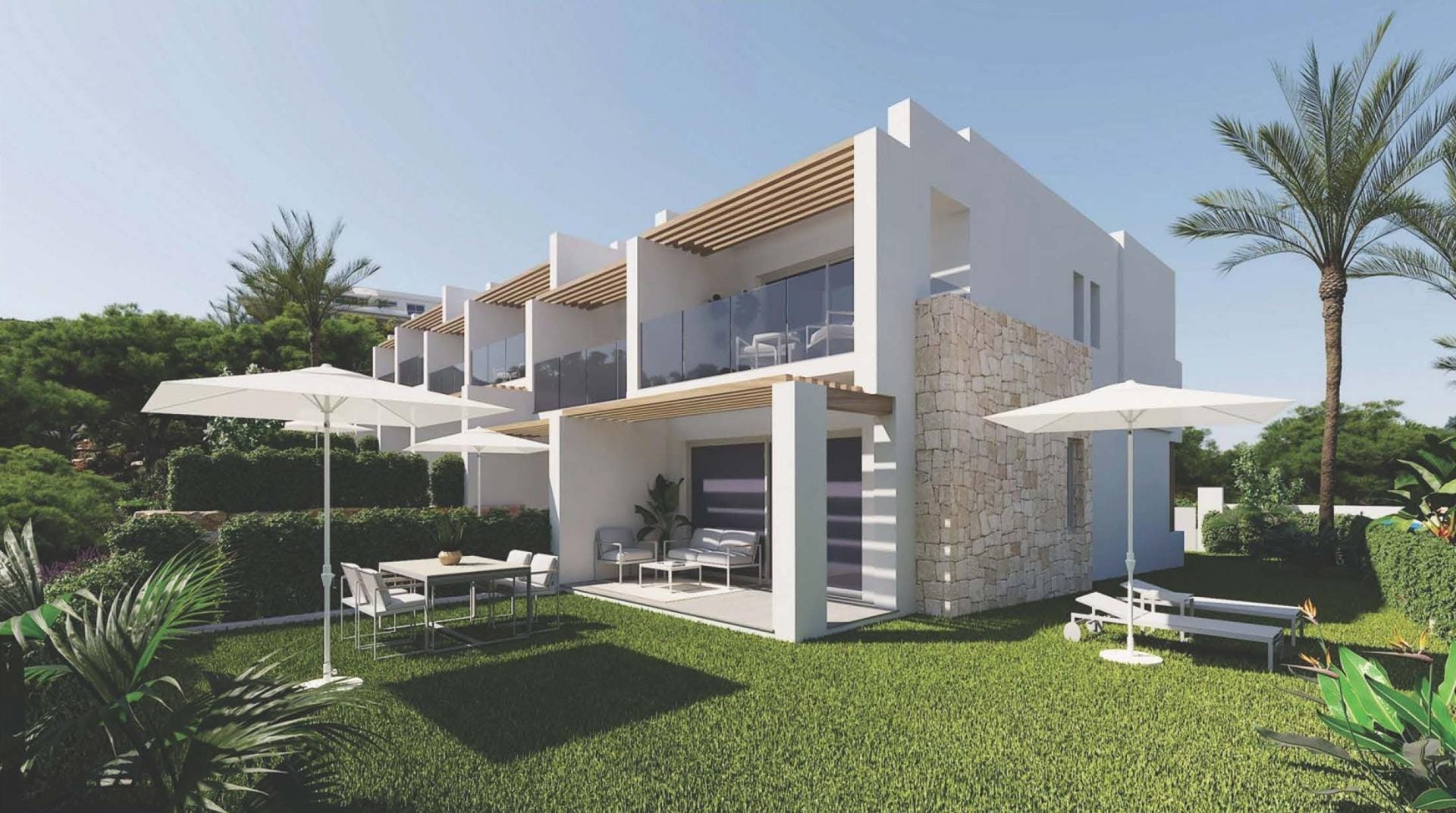 Contemporary townhouse facade with a covered patio, garden and upper balcony in Sierra Cortina, Alicante