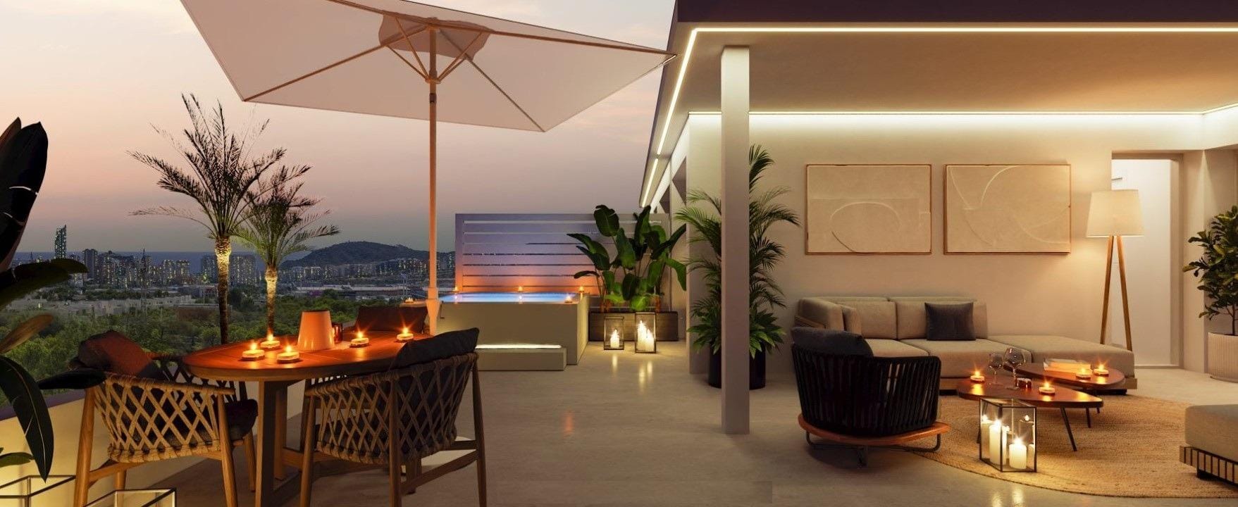 Evening terrace with outdoor dining, an umbrella and a sheltered lounge area in Sierra Cortina, Alicante