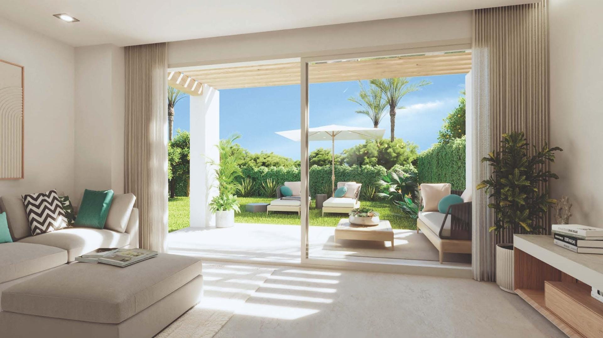 Living room with sliding glass doors opening onto a patio and garden in Sierra Cortina, Alicante