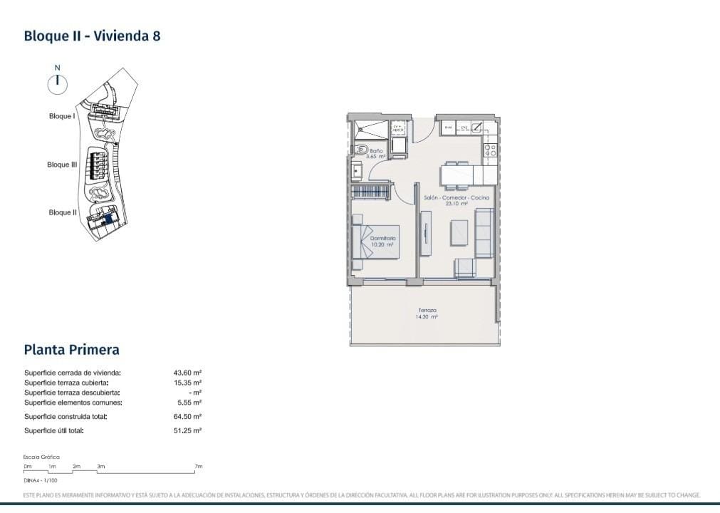 Apartment floor plan showing 1 bedroom, 1 bathroom, an open living area and a terrace in Sierra Cortina, Alicante