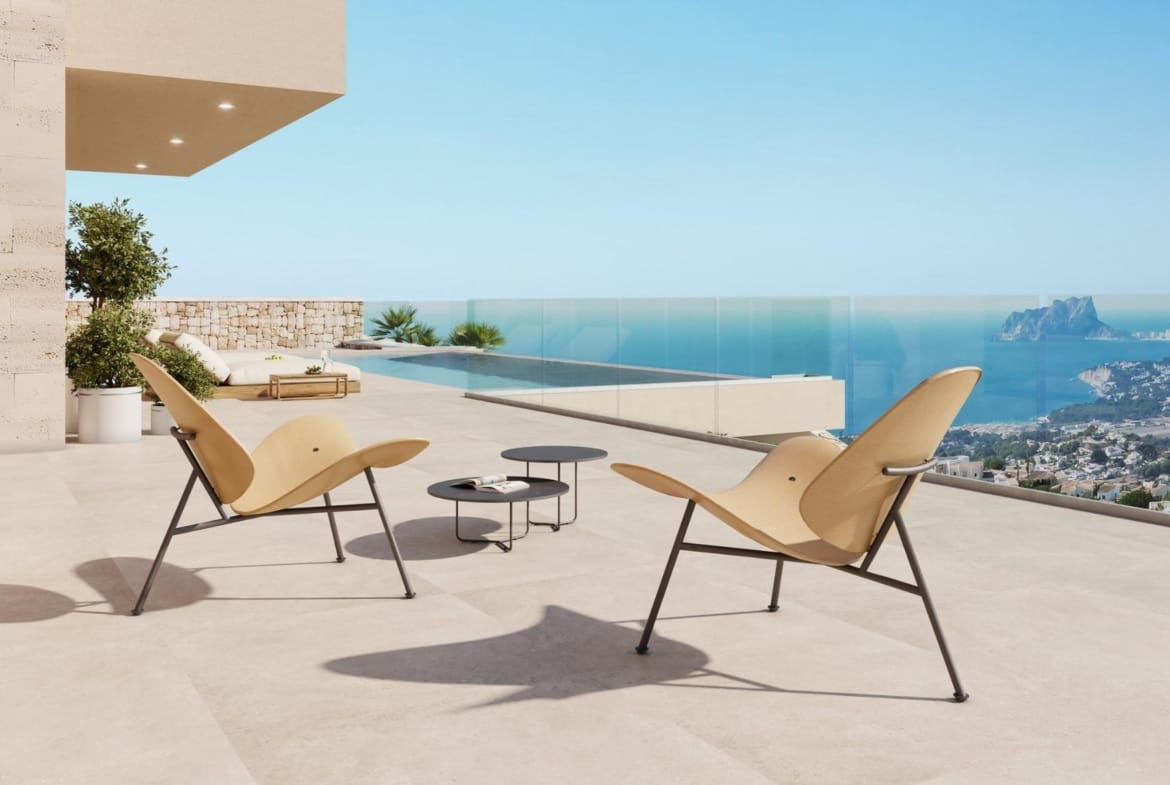 Rendering of a covered terrace with two lounge chairs and panoramic sea views in Cumbre del Sol, Benitachell, Alicante