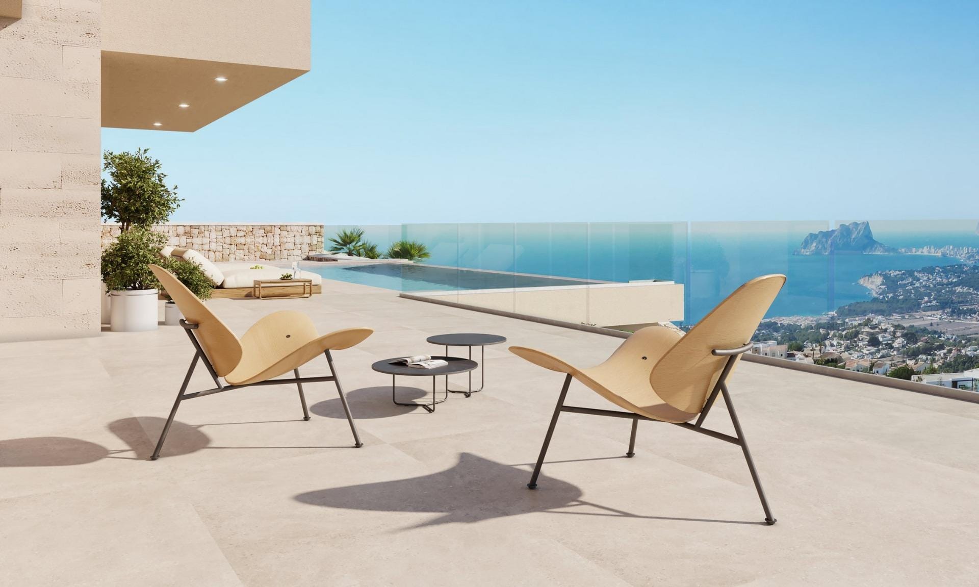 Rendering of a covered terrace with two lounge chairs and panoramic sea views in Cumbre del Sol, Benitachell, Alicante