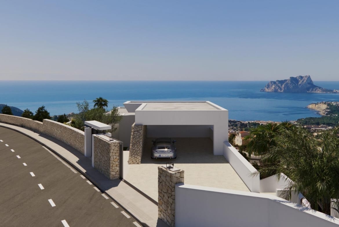 Rendering of the street entrance and covered parking with the Mediterranean beyond in Cumbre del Sol, Benitachell, Alicante