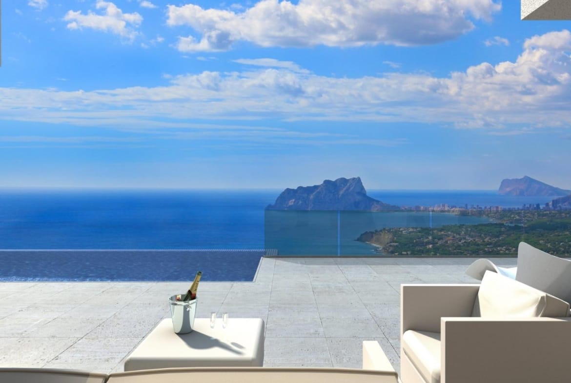 Rendering of the pool terrace with lounge seating and panoramic sea views in Cumbre del Sol, Benitachell, Alicante