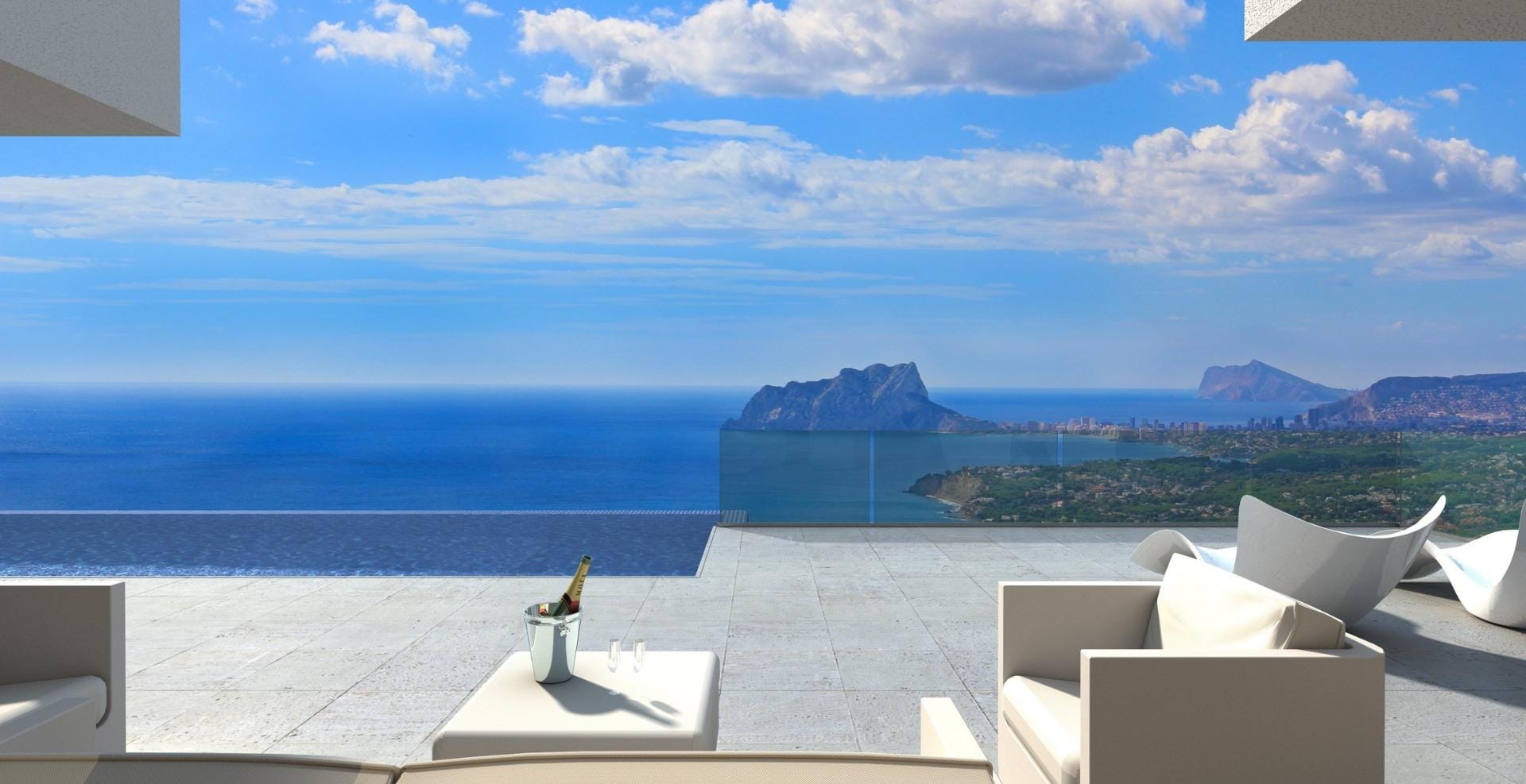 Rendering of the pool terrace with lounge seating and panoramic sea views in Cumbre del Sol, Benitachell, Alicante