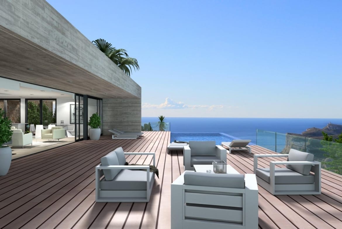 Rendering of a sea-view terrace with outdoor lounge seating in Cumbre del Sol, Benitachell, Alicante