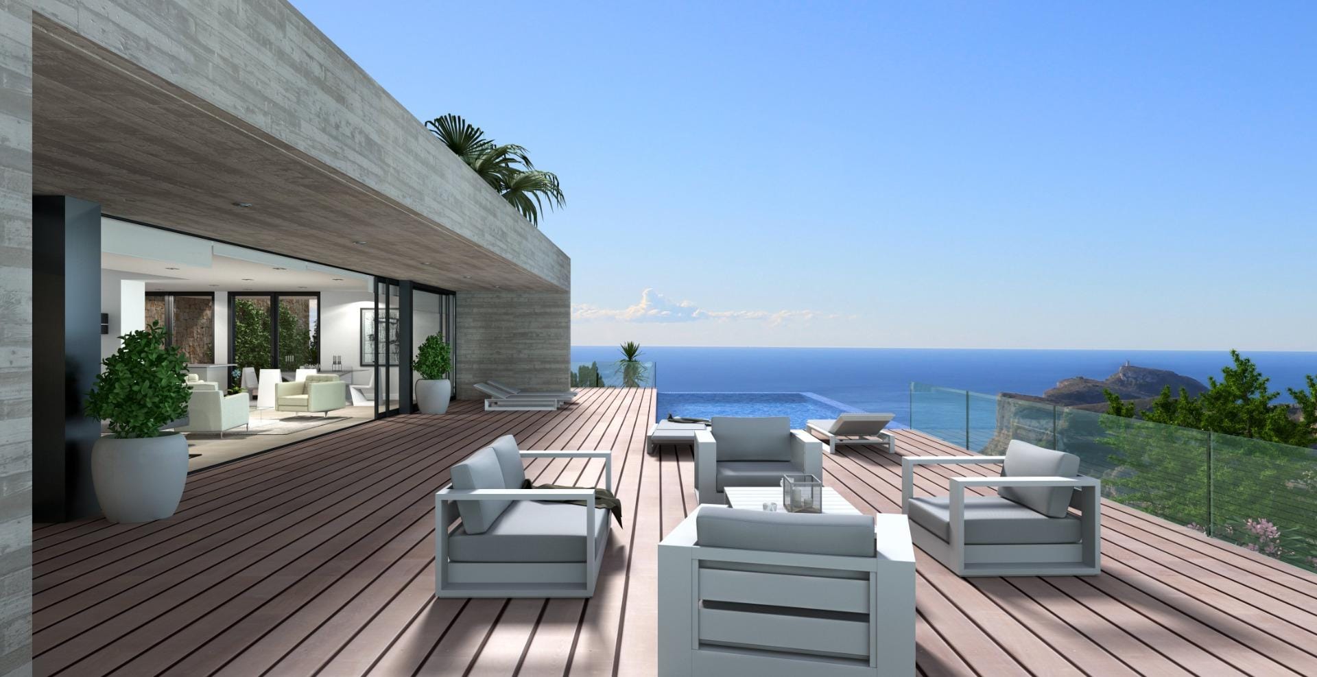 Rendering of a sea-view terrace with outdoor lounge seating in Cumbre del Sol, Benitachell, Alicante