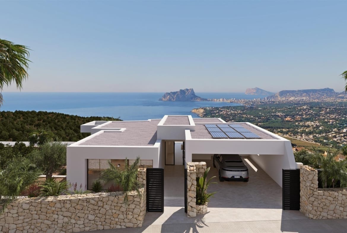 Rendering of the street entrance and covered parking with the coast beyond in Cumbre del Sol, Benitachell, Alicante