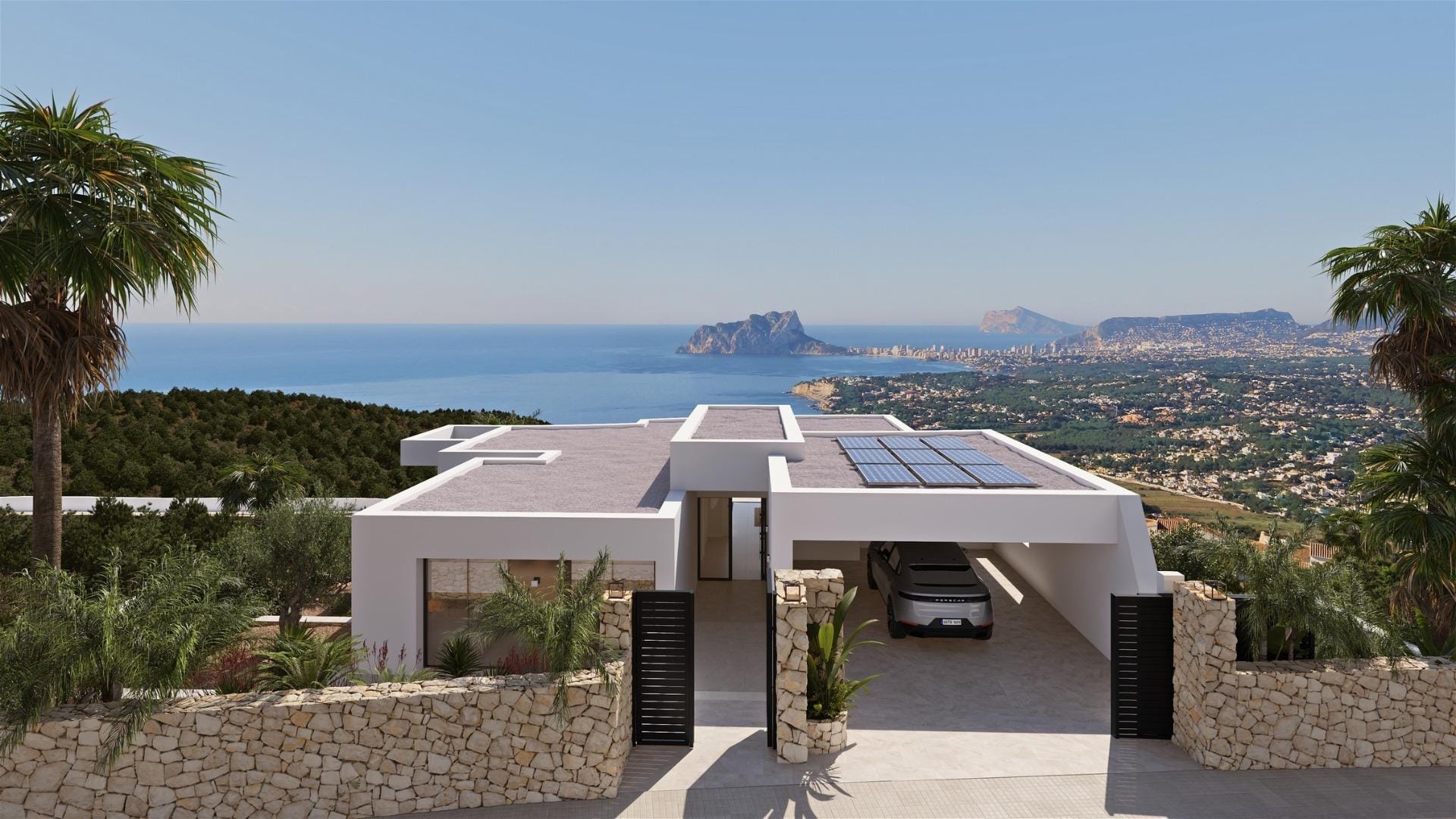 Rendering of the street entrance and covered parking with the coast beyond in Cumbre del Sol, Benitachell, Alicante