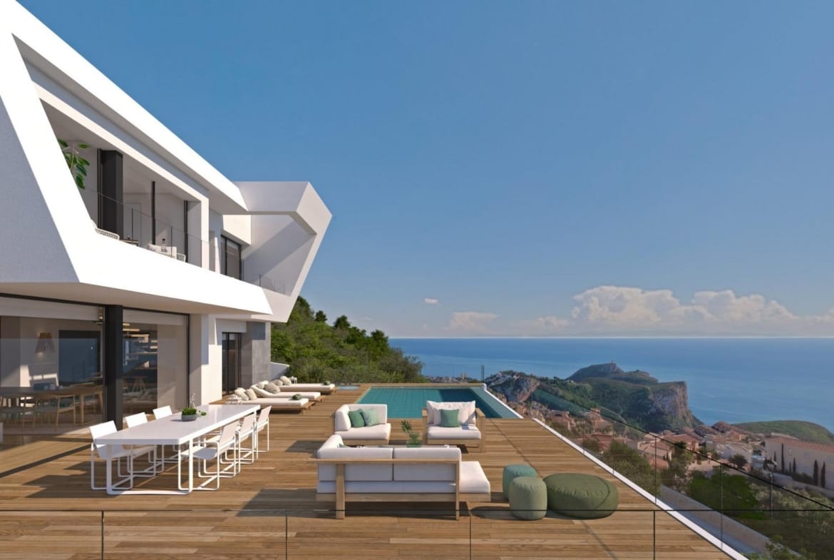 Rendering of a pool terrace with dining furniture and Mediterranean views in Cumbre del Sol, Benitachell, Alicante