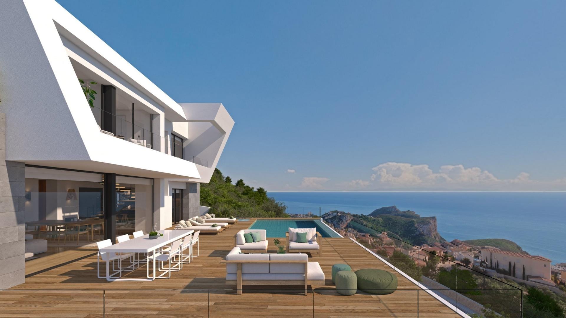 Rendering of a pool terrace with dining furniture and Mediterranean views in Cumbre del Sol, Benitachell, Alicante