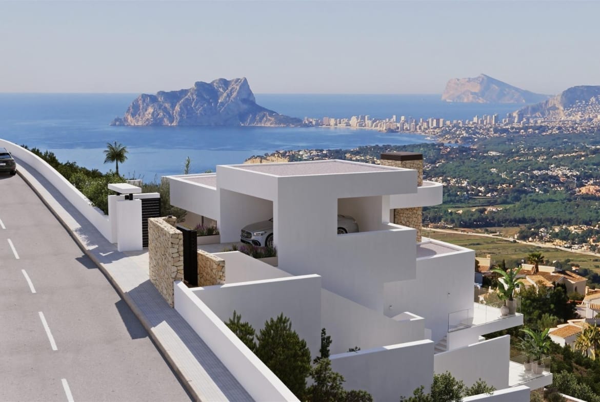 Rendering of a hillside villa from its street entrance with the Mediterranean beyond in Cumbre del Sol, Benitachell, Alicante