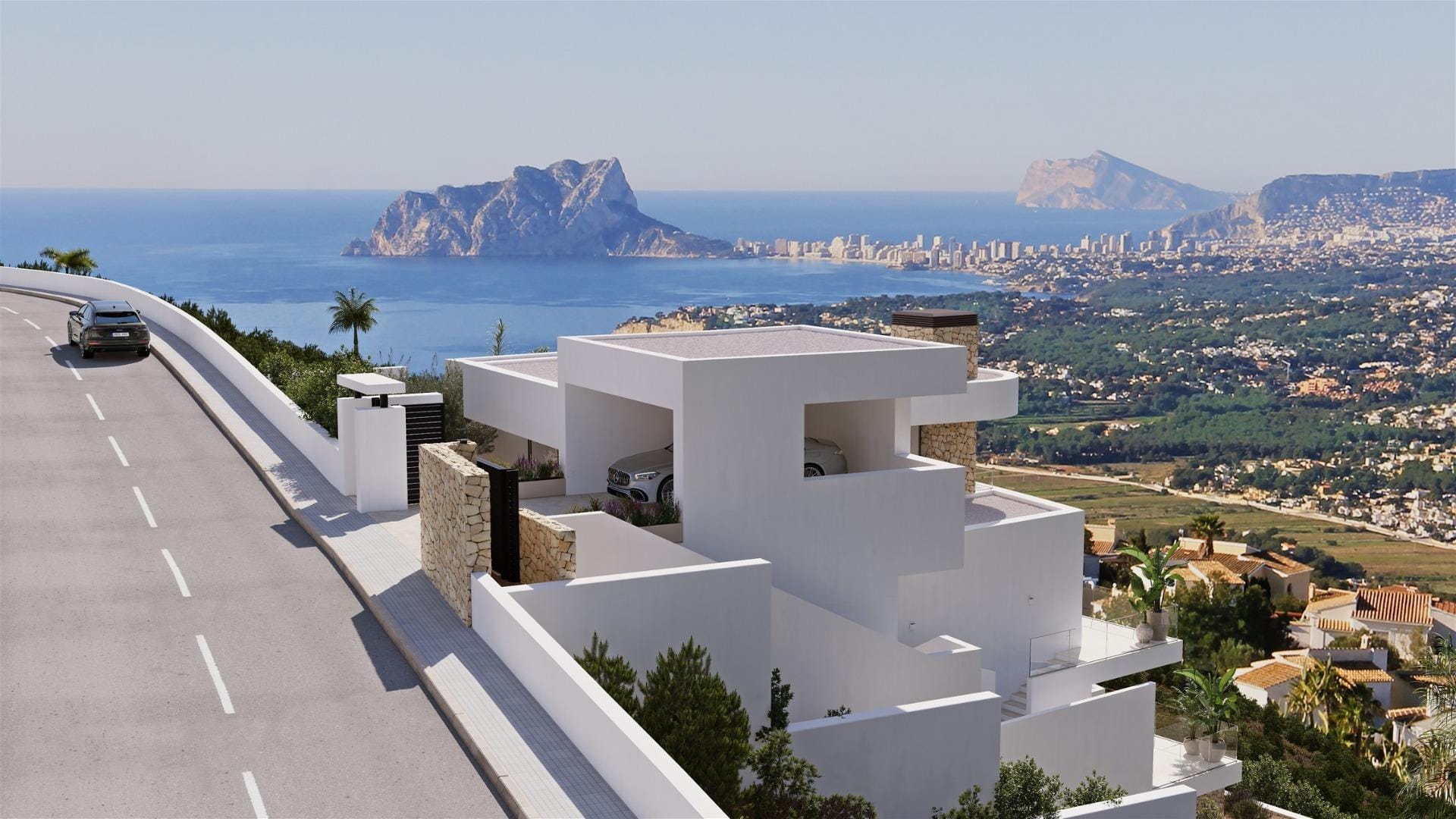 Rendering of a hillside villa from its street entrance with the Mediterranean beyond in Cumbre del Sol, Benitachell, Alicante
