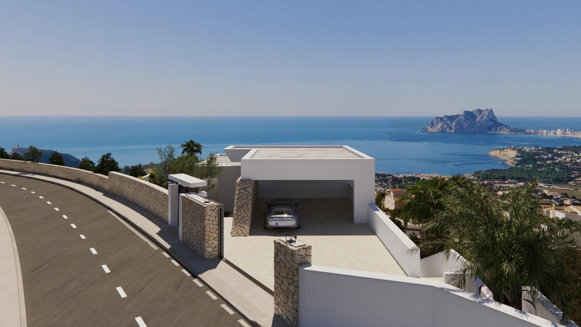 Rendering of the street entrance and covered parking with the Mediterranean beyond in Cumbre del Sol, Benitachell, Alicante