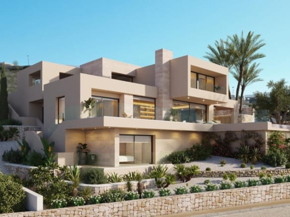 Rendering of a contemporary hillside villa with natural stone accents in Cumbre del Sol, Benitachell, Alicante