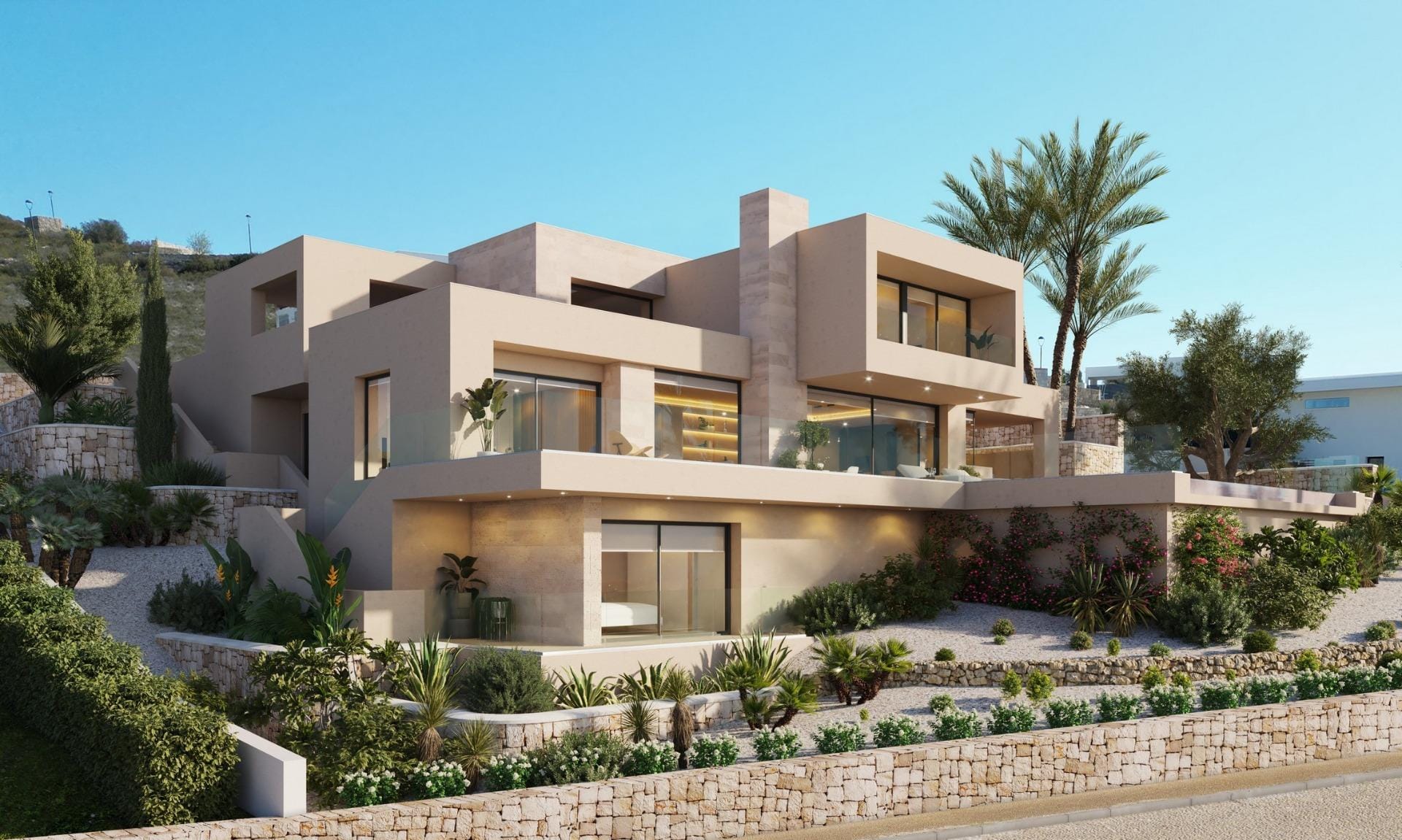 Rendering of a contemporary hillside villa with natural stone accents in Cumbre del Sol, Benitachell, Alicante