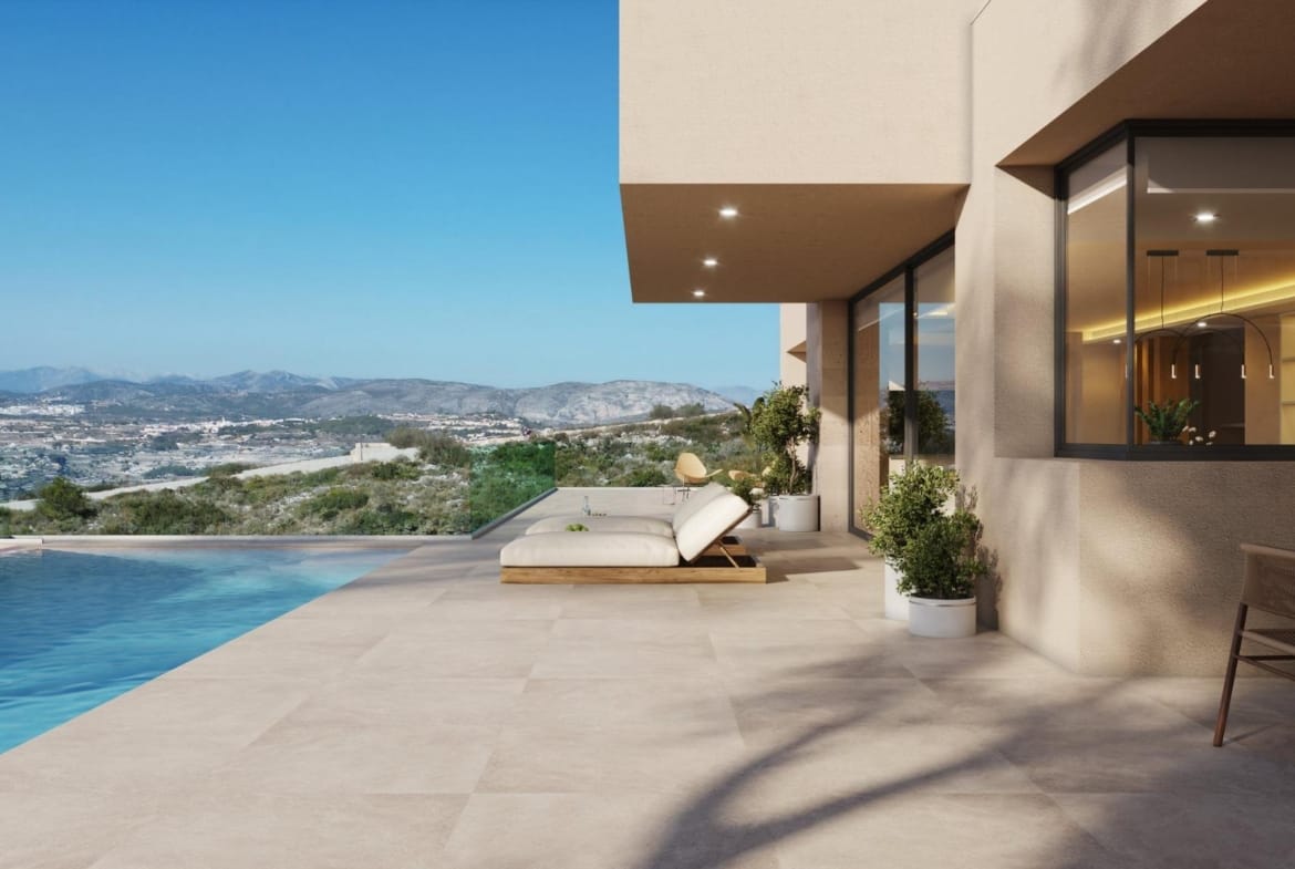 Rendering of an infinity pool beside the villa terrace overlooking the coast in Cumbre del Sol, Benitachell, Alicante