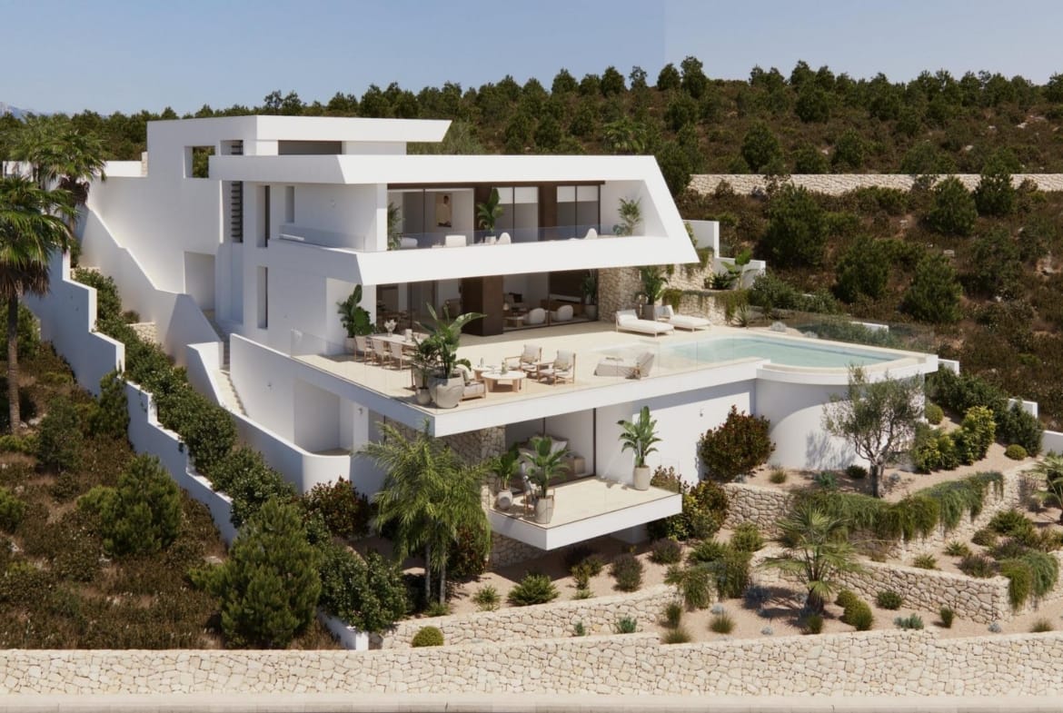Rendering of a hillside villa with broad terraces and landscaped planting in Cumbre del Sol, Benitachell, Alicante