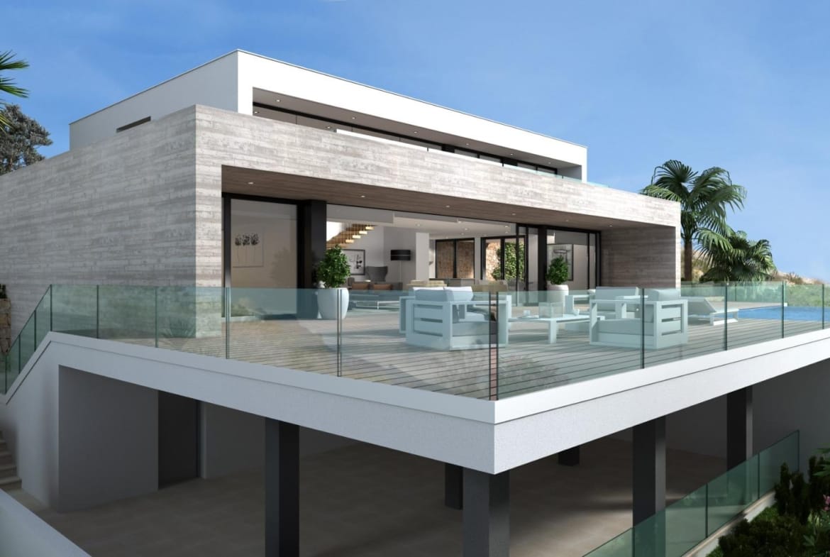 Rendering of a contemporary villa above an open covered lower terrace in Cumbre del Sol, Benitachell, Alicante