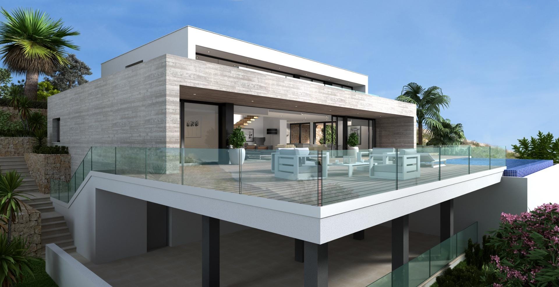 Rendering of a contemporary villa above an open covered lower terrace in Cumbre del Sol, Benitachell, Alicante