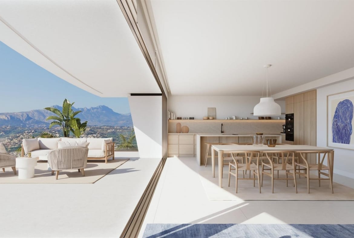 Rendering of an open kitchen and dining area connected to a sea-view terrace in Cumbre del Sol, Benitachell, Alicante