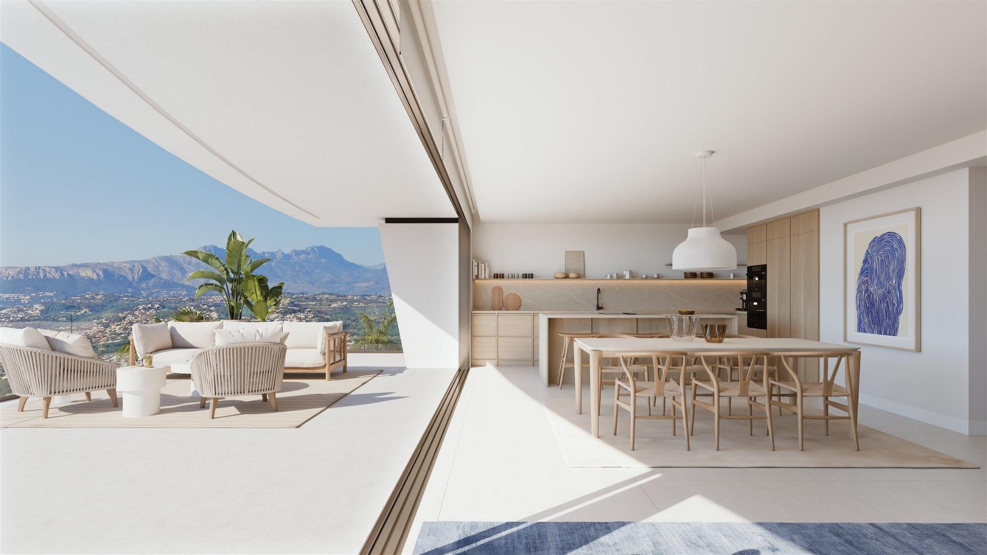 Rendering of an open kitchen and dining area connected to a sea-view terrace in Cumbre del Sol, Benitachell, Alicante