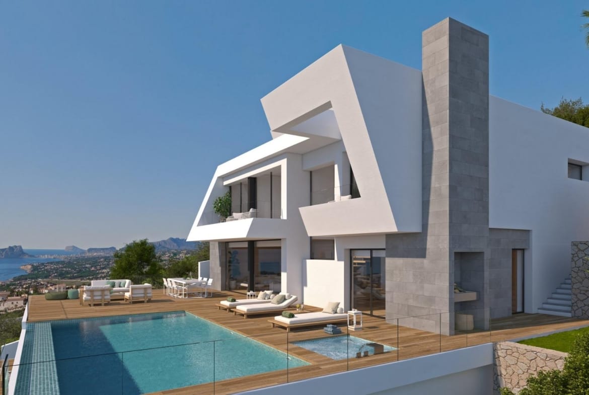 Rendering of an angular white villa and its sea-view swimming pool in Cumbre del Sol, Benitachell, Alicante