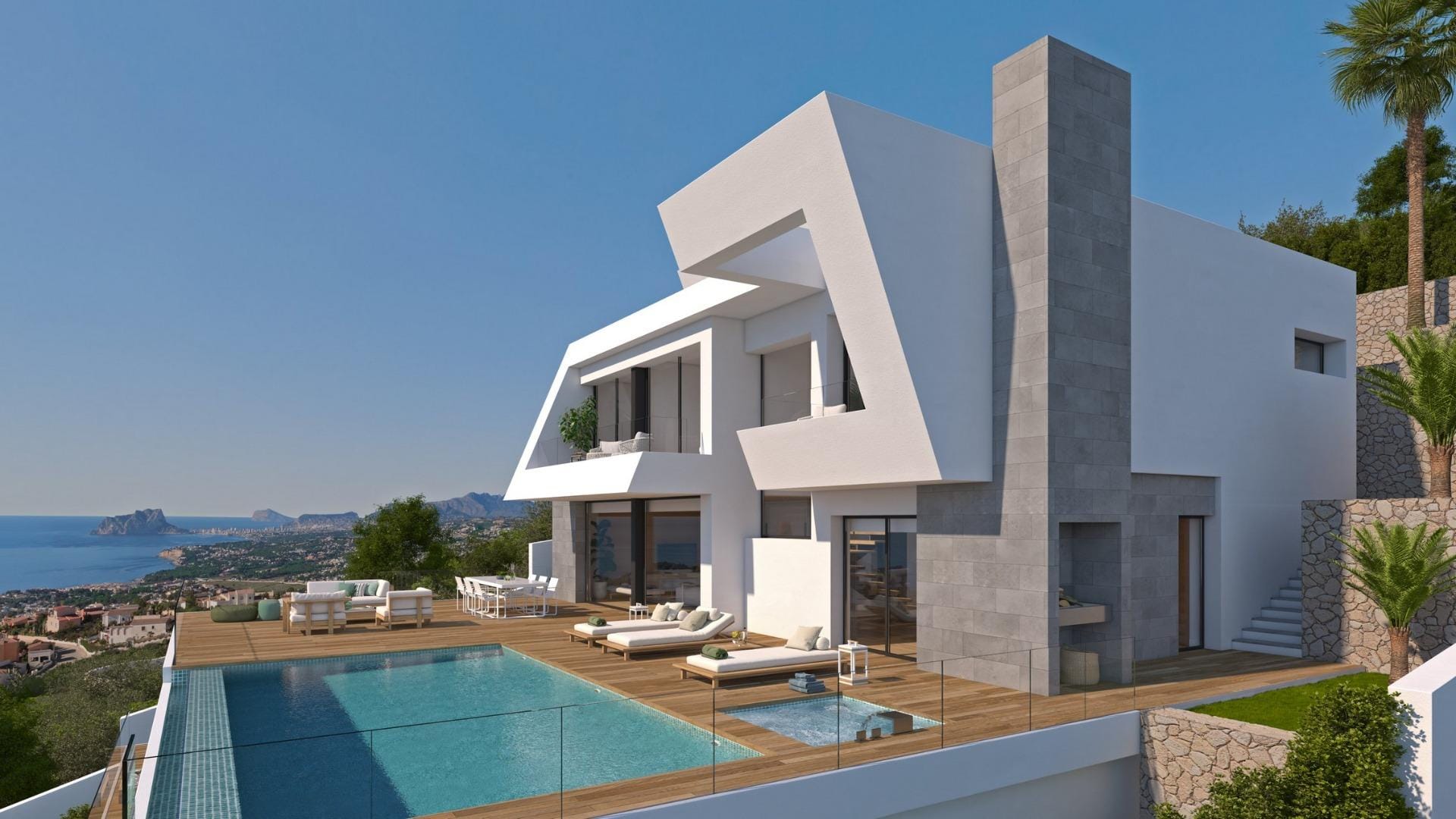 Rendering of an angular white villa and its sea-view swimming pool in Cumbre del Sol, Benitachell, Alicante