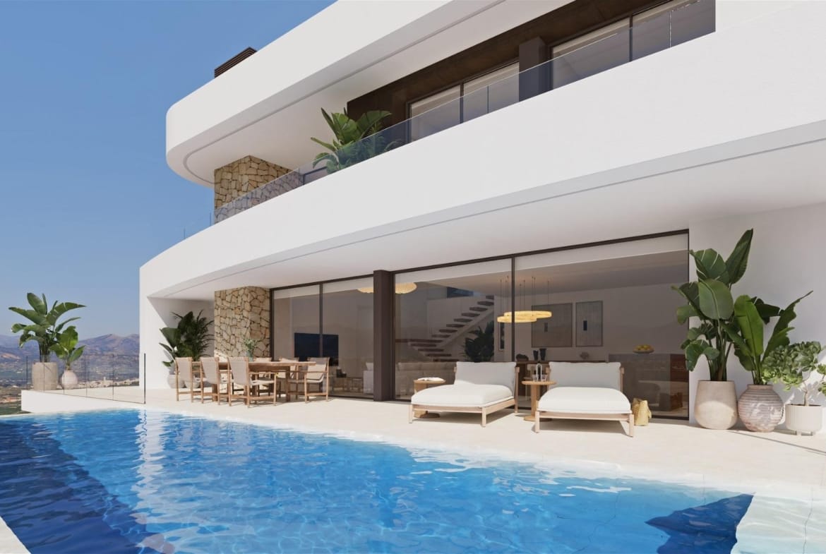 Rendering of a white villa with curved corners beside its private pool in Cumbre del Sol, Benitachell, Alicante