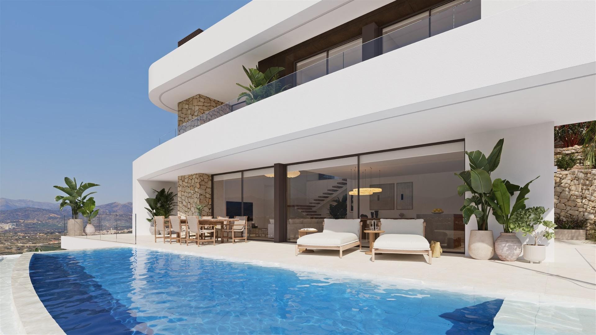 Rendering of a white villa with curved corners beside its private pool in Cumbre del Sol, Benitachell, Alicante