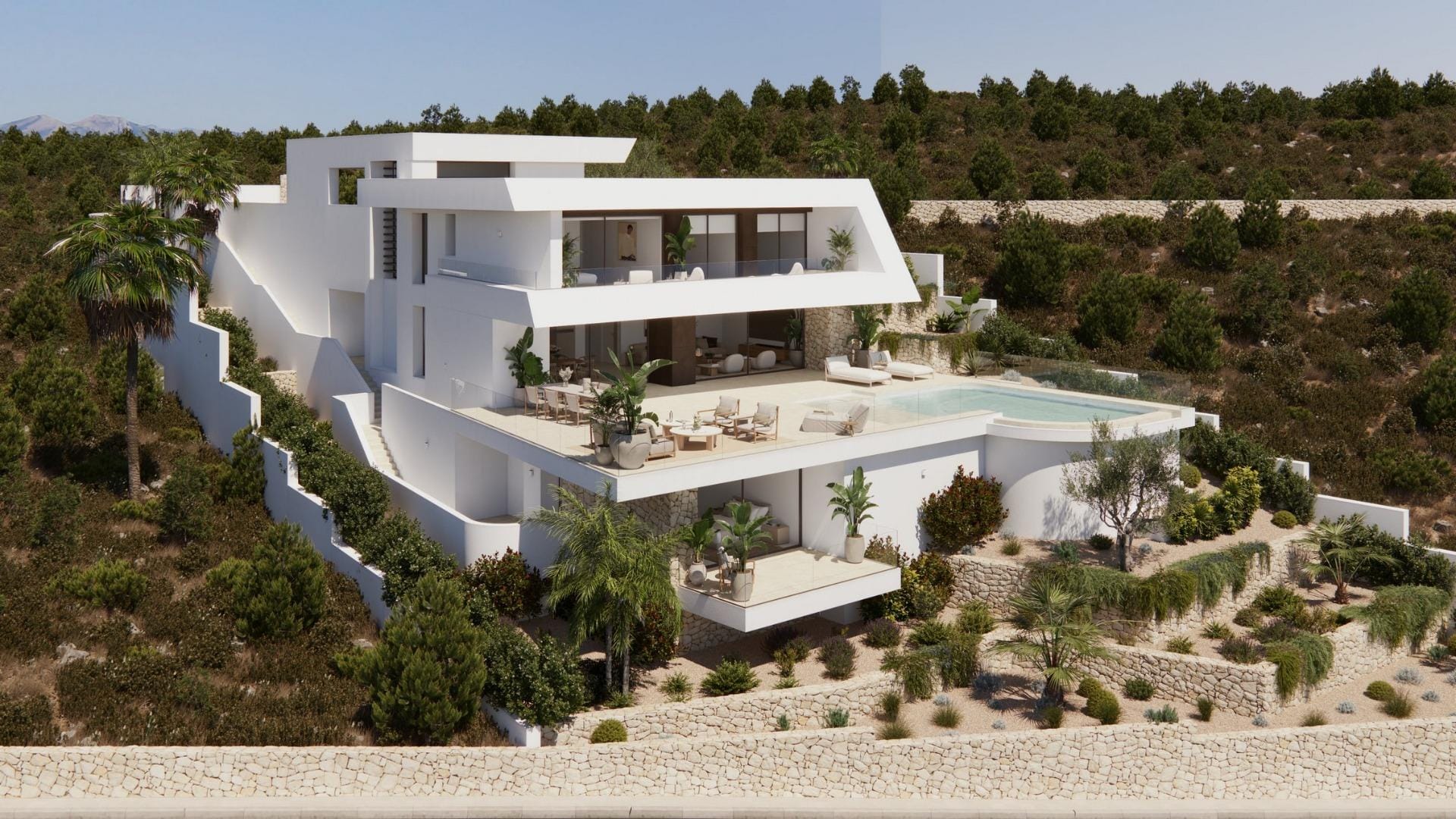 Rendering of a hillside villa with broad terraces and landscaped planting in Cumbre del Sol, Benitachell, Alicante