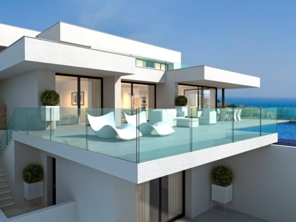 Rendering of a white villa with glass terrace balustrades and a private pool in Cumbre del Sol, Benitachell, Alicante