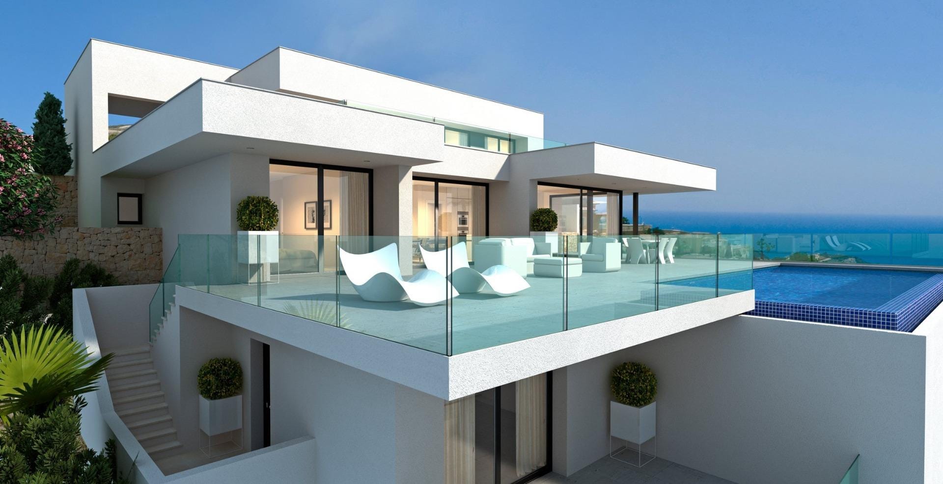 Rendering of a white villa with glass terrace balustrades and a private pool in Cumbre del Sol, Benitachell, Alicante