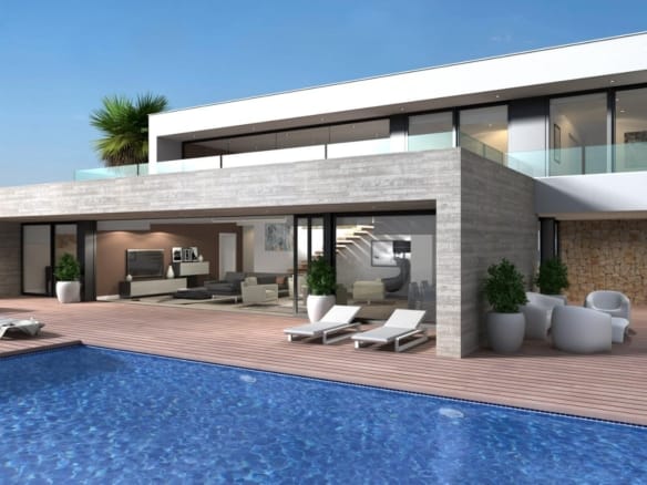 Rendering of a stone-clad villa with a private infinity pool in Cumbre del Sol, Benitachell, Alicante