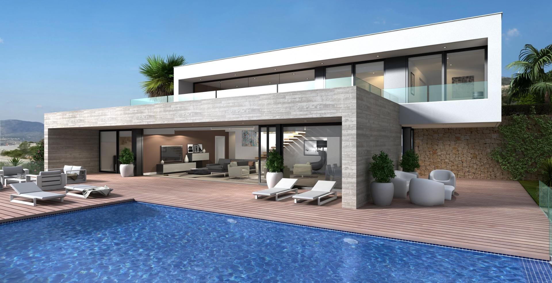 Rendering of a stone-clad villa with a private infinity pool in Cumbre del Sol, Benitachell, Alicante