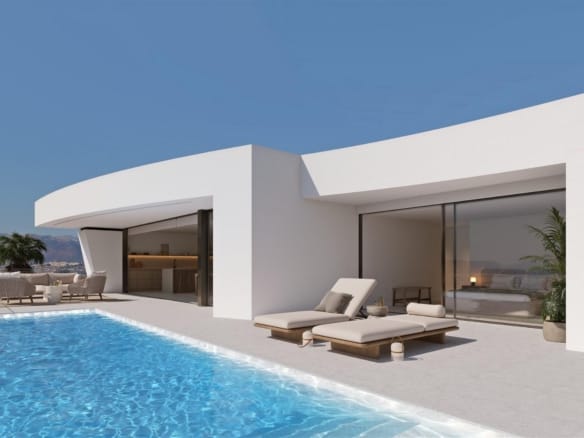 Rendering of a white villa beside a private infinity pool in Cumbre del Sol, Benitachell, Alicante