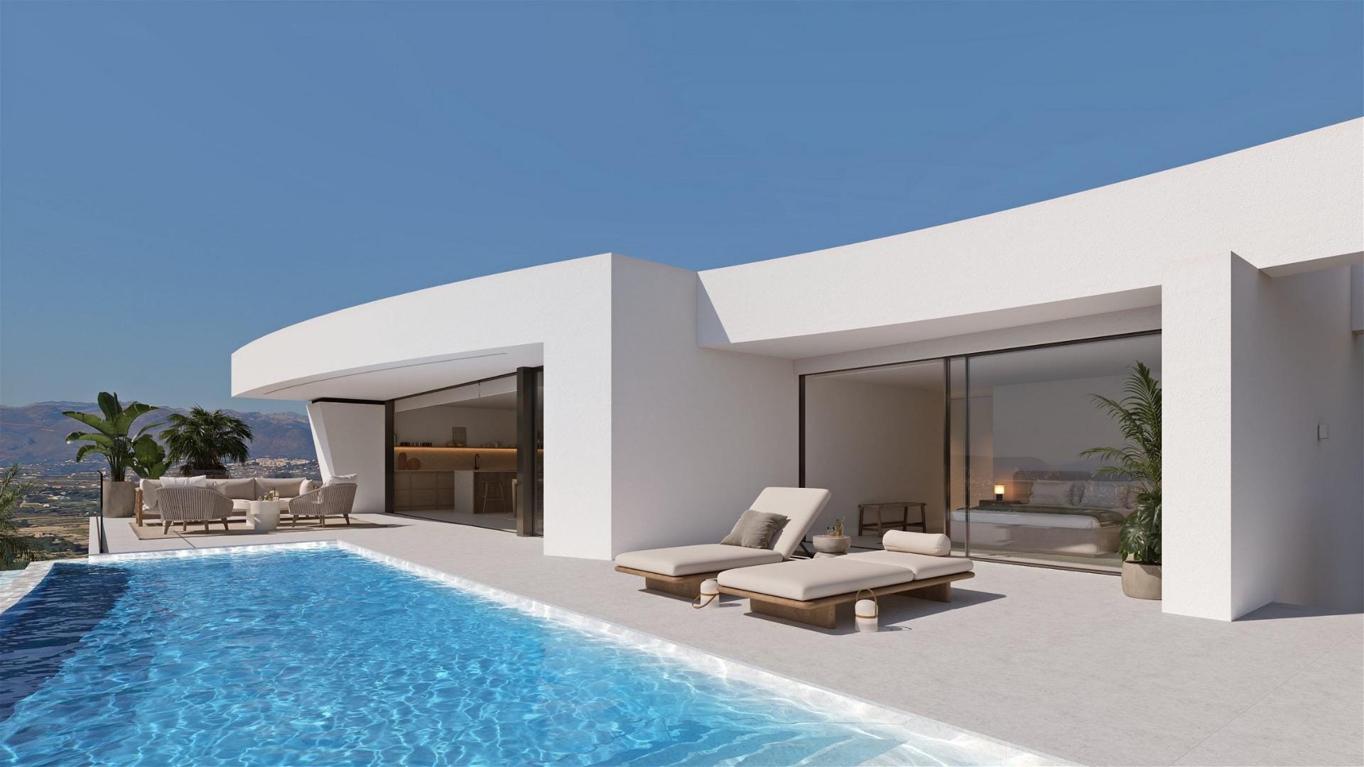 Rendering of a white villa beside a private infinity pool in Cumbre del Sol, Benitachell, Alicante