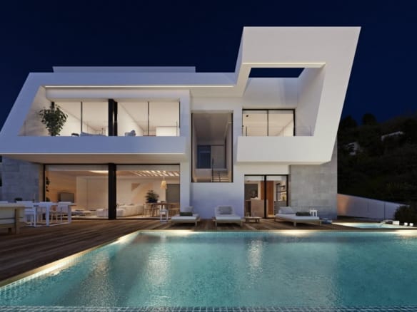 Night rendering of an illuminated contemporary villa beside its private pool in Cumbre del Sol, Benitachell, Alicante