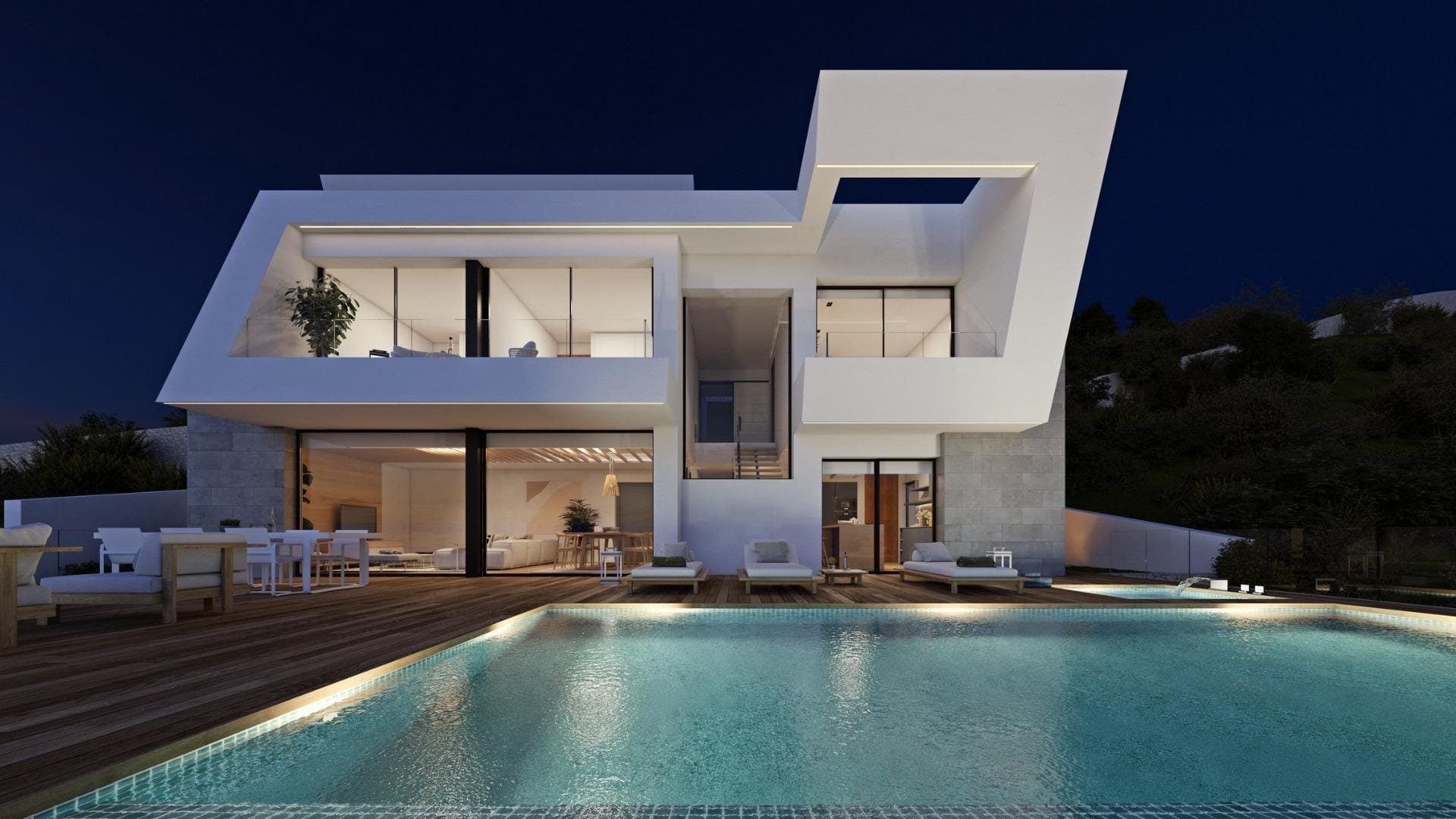 Night rendering of an illuminated contemporary villa beside its private pool in Cumbre del Sol, Benitachell, Alicante