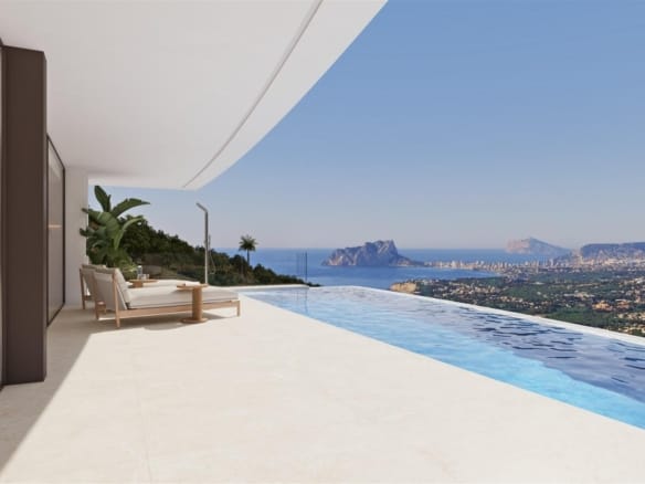 Rendering of a curved infinity pool terrace with panoramic coastal views in Cumbre del Sol, Benitachell, Alicante