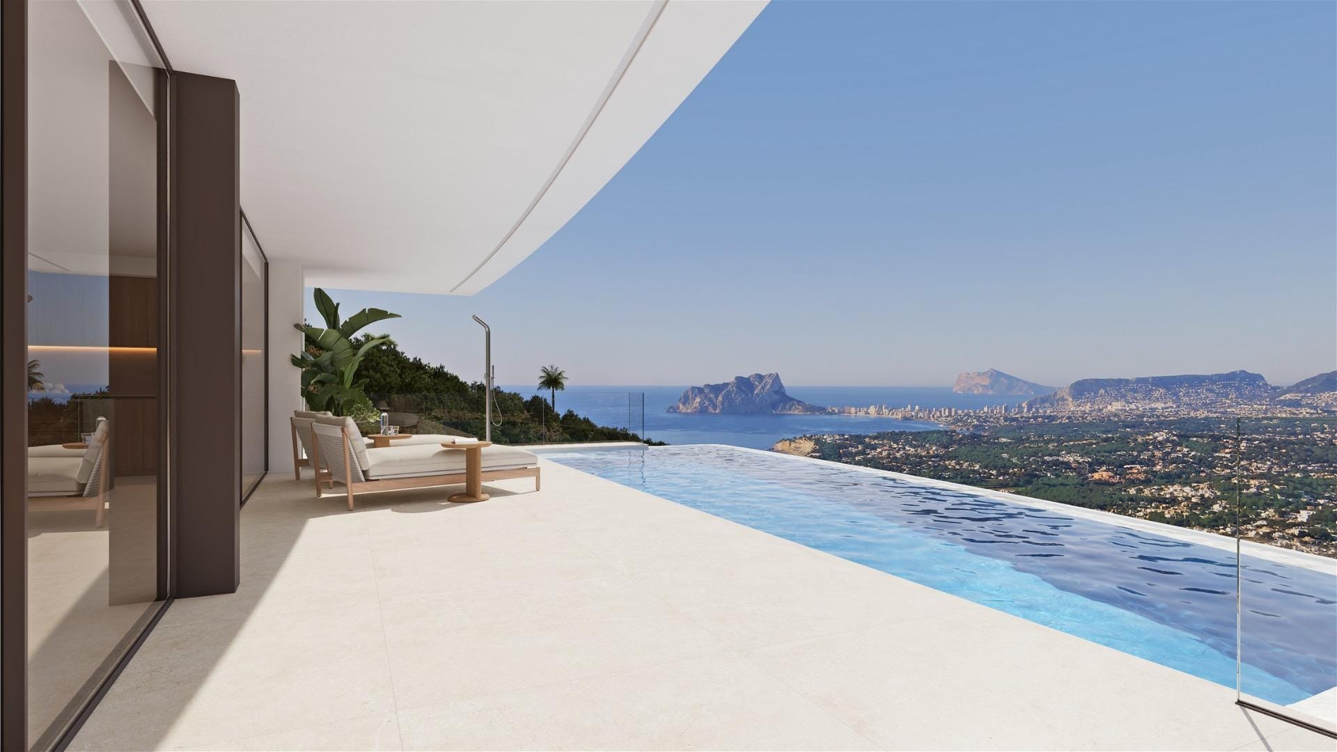 Rendering of a curved infinity pool terrace with panoramic coastal views in Cumbre del Sol, Benitachell, Alicante