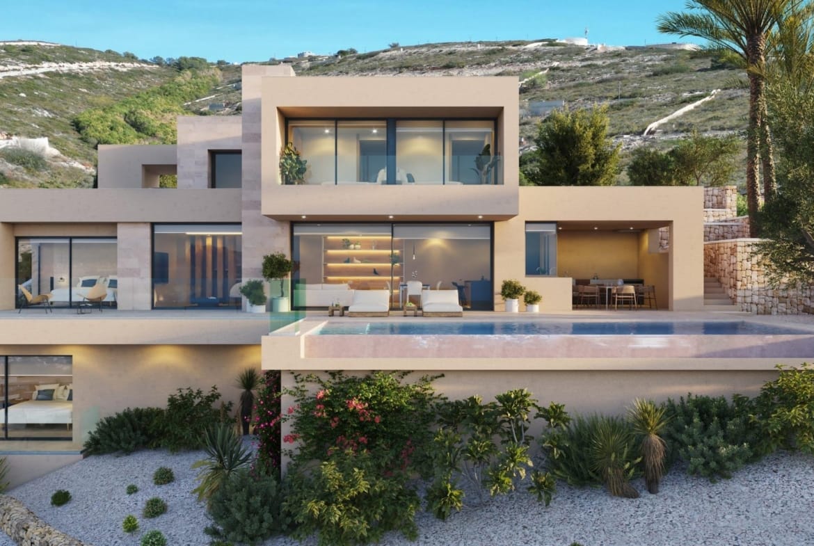 Front elevation rendering of a three-level villa with stone cladding in Cumbre del Sol, Benitachell, Alicante