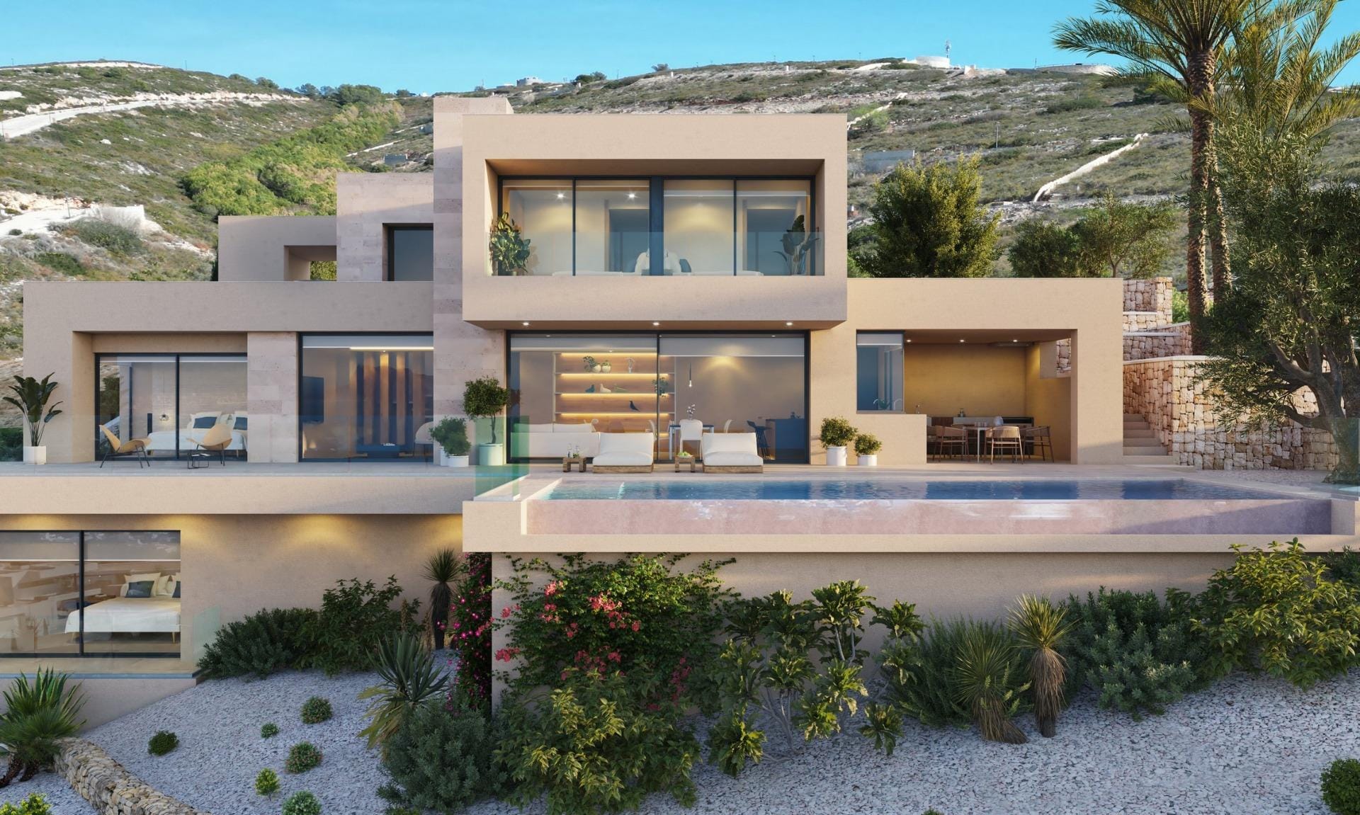 Front elevation rendering of a three-level villa with stone cladding in Cumbre del Sol, Benitachell, Alicante