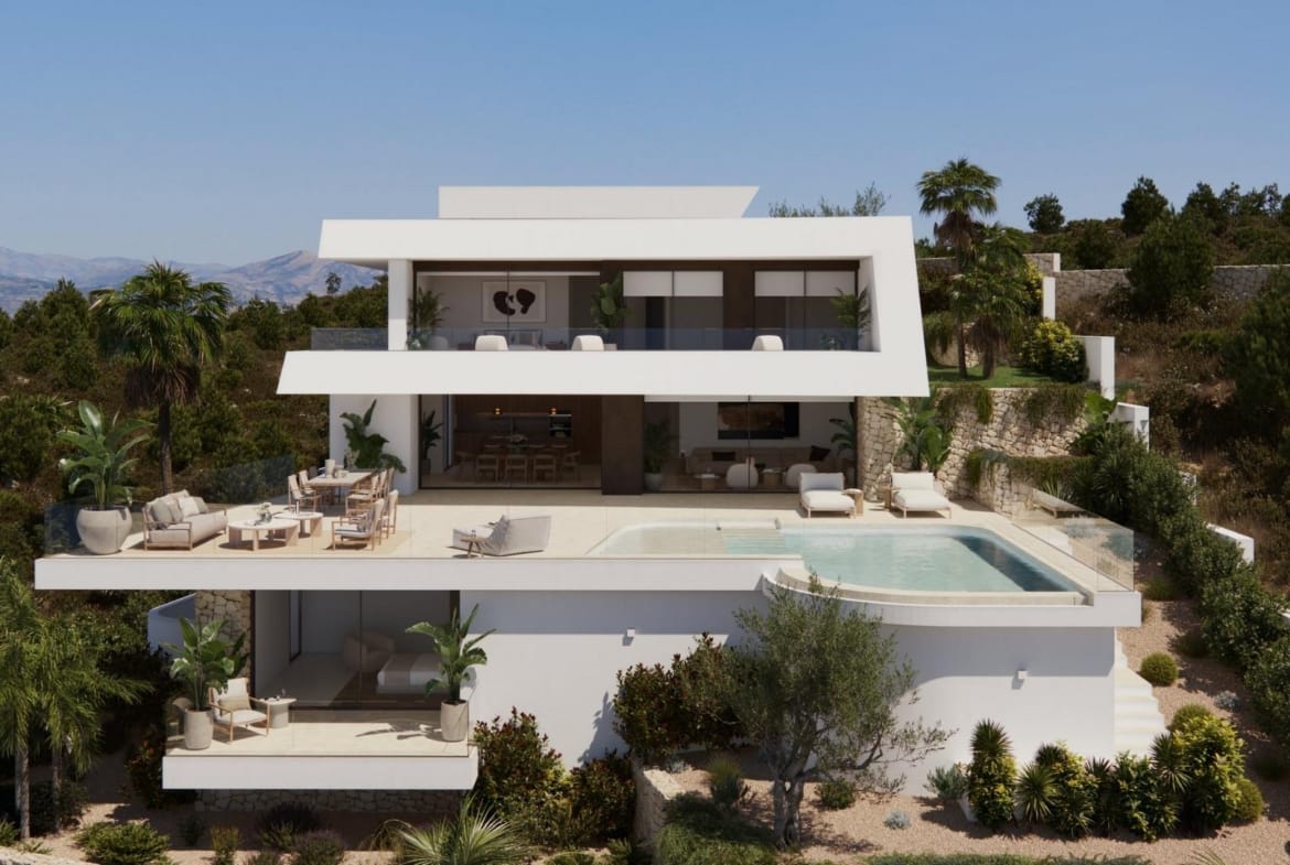 Front elevation rendering showing the villa across three levels in Cumbre del Sol, Benitachell, Alicante