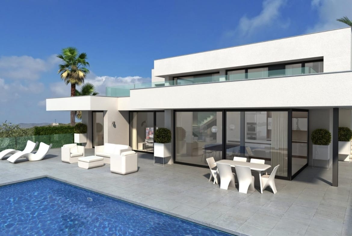 Daytime rendering of the villa and private infinity pool in Cumbre del Sol, Benitachell, Alicante
